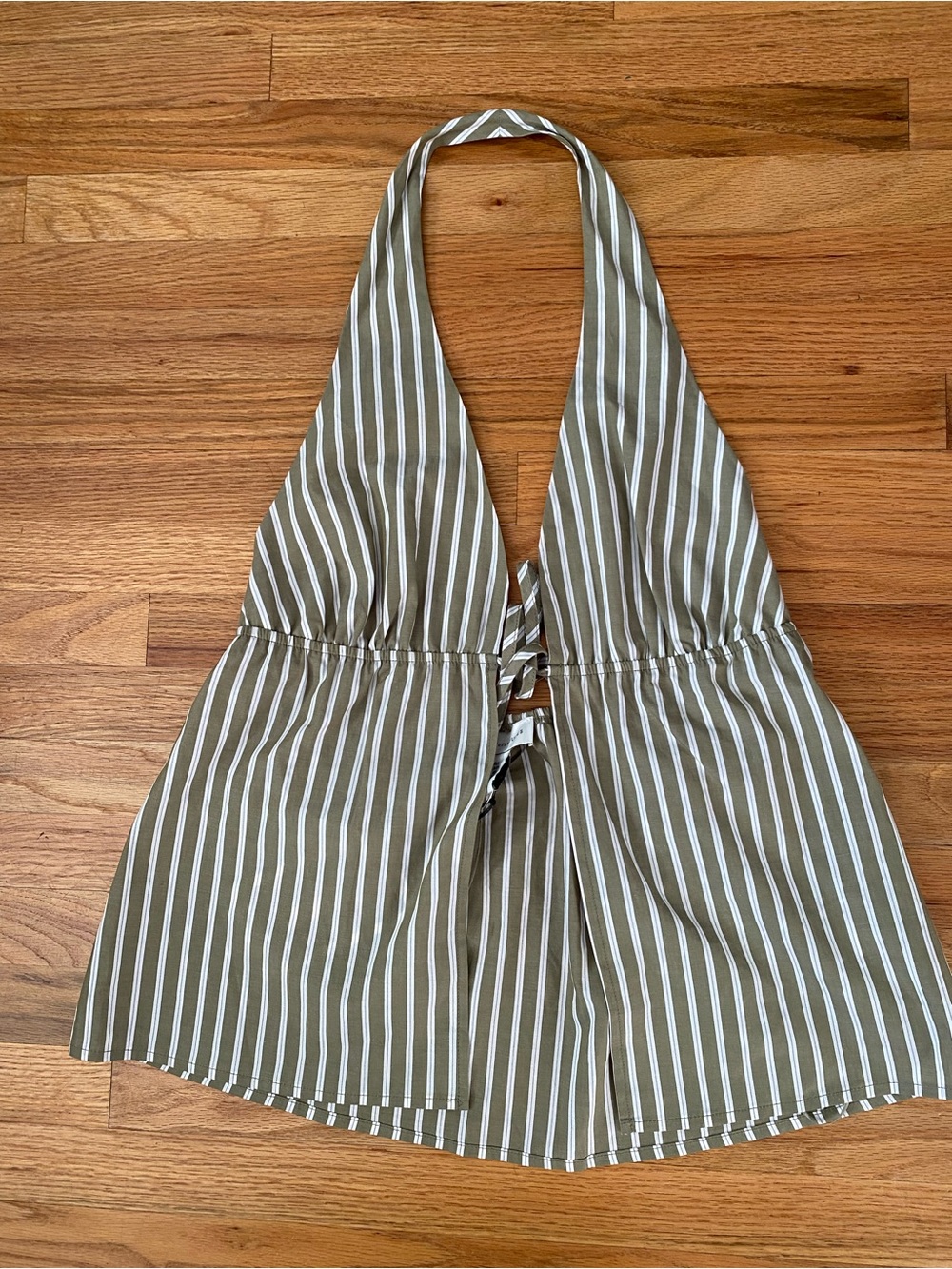 Split Front Halter Top in Olive Green Stripe